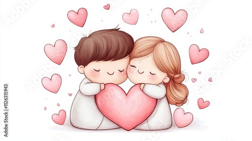 Romantic couple hugging with heart icons, soft pastel colors, isolated white background