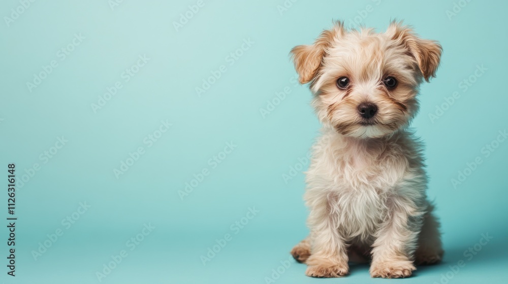 Cute maltipoo puppy dog on light blue background with digital Cute maltipoo puppy dog on light blue background with digital