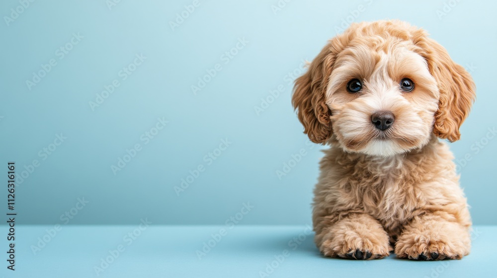 Cute maltipoo puppy dog on light blue background with digital Cute maltipoo puppy dog on light blue background with digital