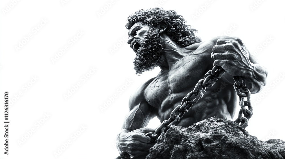 Powerful statue of a chained figure expressing strength and defiance, white isolate background. Powerful statue of a chained figure expressing strength and defiance, white isolate background.