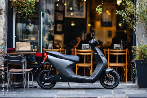 A vibrant image of a sleek electric scooter parked next to a trendy caf茅 with outdoor seating, Urban mobility scene, Contemporary style photo