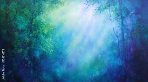 Mystical forest with soft blue and green hues at dawn. Generative AI