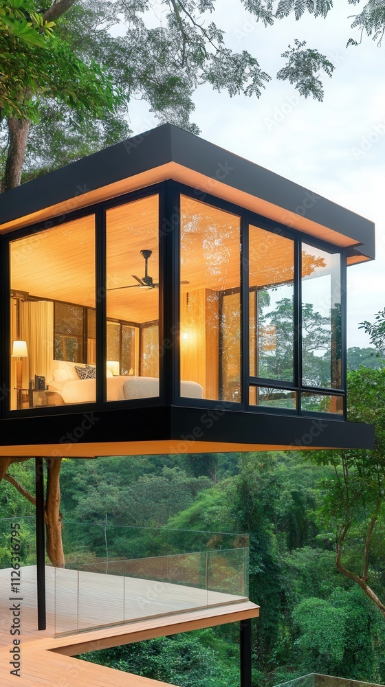 Jungle Treehouse with Glass Walls Bathed in Golden Light Jungle Treehouse with Glass Walls Bathed in Golden Light