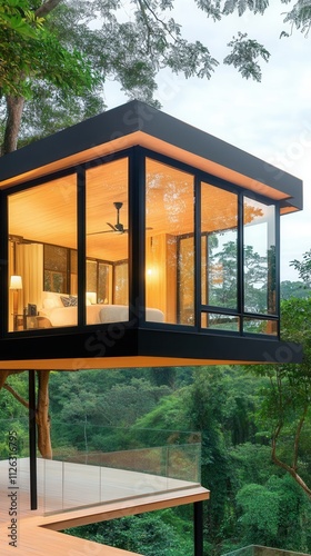 Jungle Treehouse with Glass Walls Bathed in Golden Light