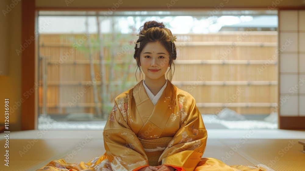 Serene Woman in Golden Kimono Japanese Tea Ceremony Asian Culture Serene Woman in Golden Kimono Japanese Tea Ceremony Asian Culture