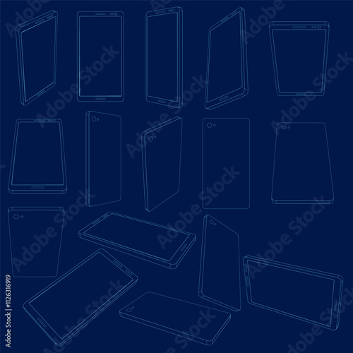 Outline Smartphone set. Perspective mobile phone contour with screen, Vector illustration