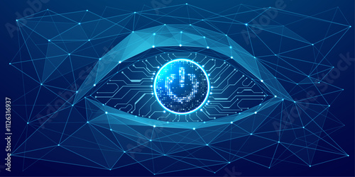 Abstract technology eye with a circle Power button with neon elements and circuit wires in electric blue. AI concept. Tech vision background. AI chip or abstract semiconductor bg. Vector illustration.