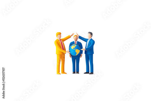 Three business figures stand together, symbolizing collaboration and global partnership, with one holding a globe.