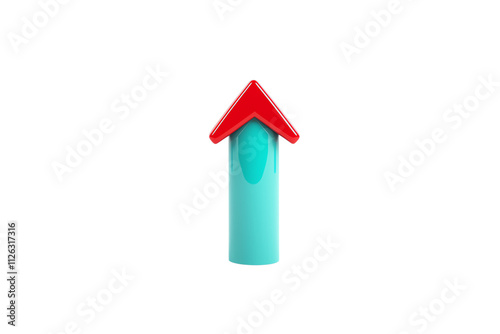A stylized arrow with a red triangular tip and a turquoise shaft, symbolizing direction or movement.