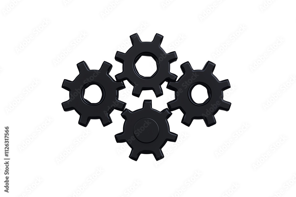 Obraz premium A group of four black gears arranged together, showcasing their interlocking design and mechanical structure.