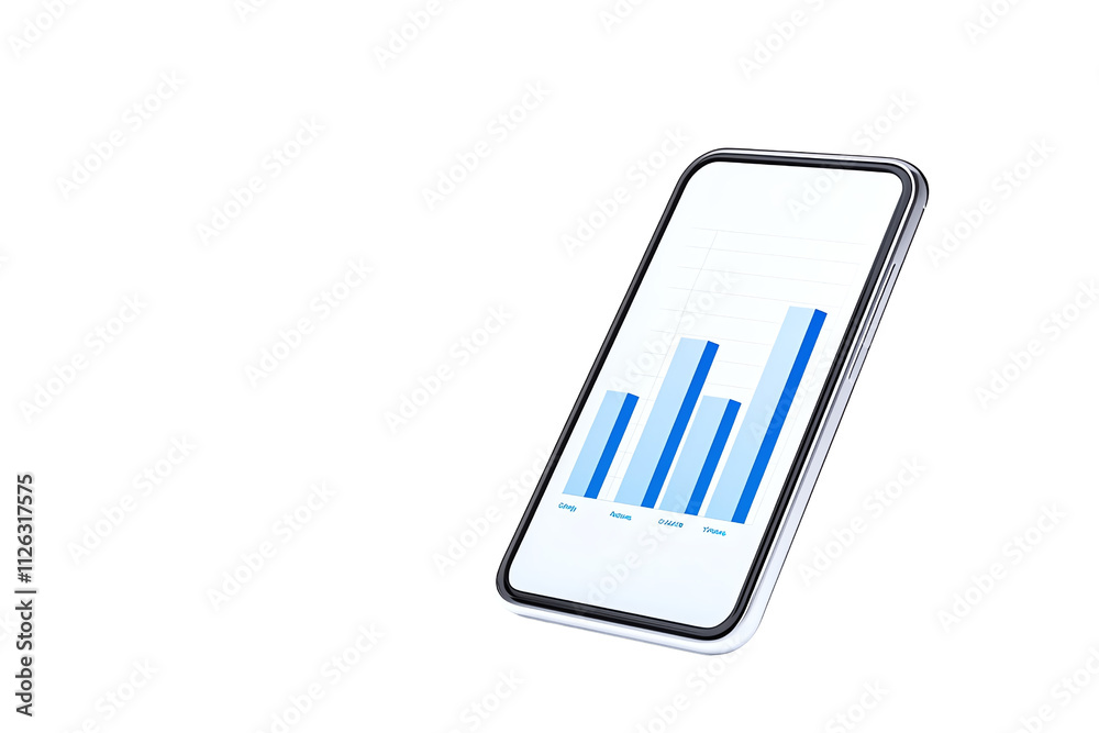 A smartphone displaying a bar chart with varying heights in blue tones, representing data trends. A smartphone displaying a bar chart with varying heights in blue tones, representing data trends.