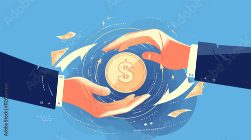 Two hands holding a coin with the number 1 on it. The hands are in the air. The background is blue