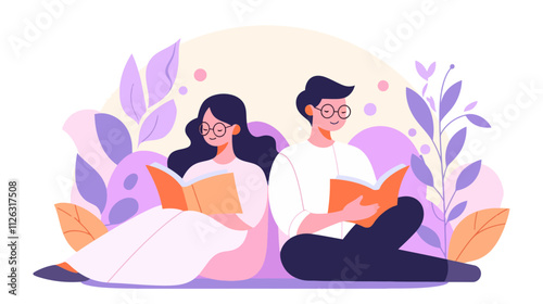 Man and a woman are sitting on the ground reading books. The man is wearing glasses