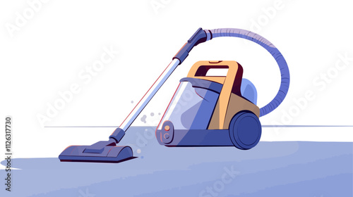 Yellow and orange vacuum cleaner with a white handle is sitting on a white surface. The vacuum cleaner has a long