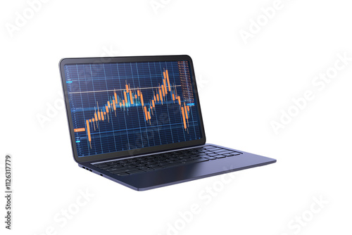 A sleek laptop displaying a financial chart with dynamic candlestick patterns.