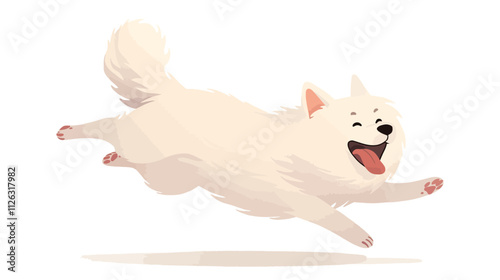 White dog is running and has its tongue out. It is smiling. The dog is in the air