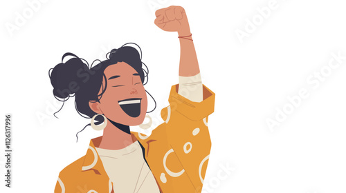 Woman is smiling and raising her right hand. She is wearing a yellow jacket. The jacket has a pattern of circles