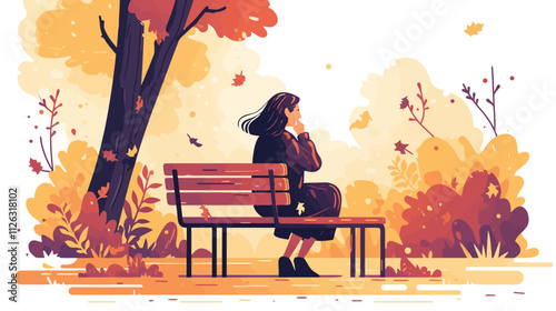 Woman sits on a bench in a park. The bench is wooden and is located near a tree. The woman is wearing a black coat