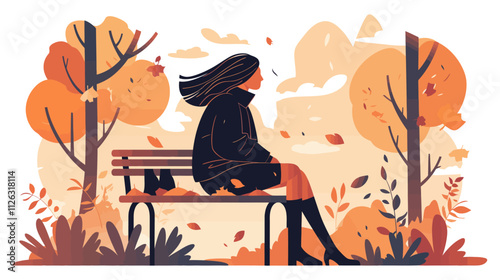 Woman is sitting on a bench in a park. The bench is empty. The woman is wearing a black coat