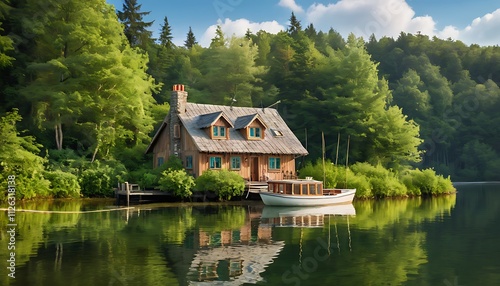 a house by the lake with a boat on the water and a house on the water.