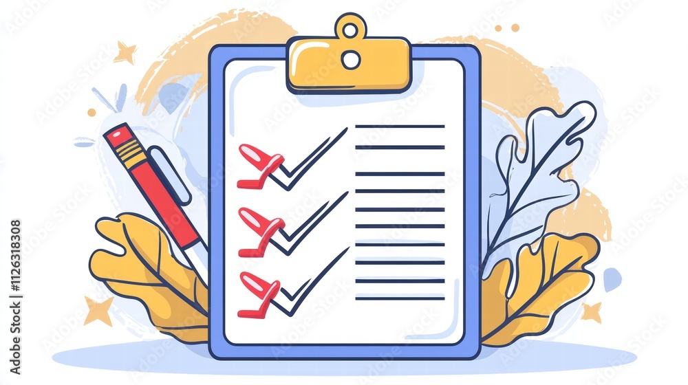 Checklist on Clip Board with Pen and Leaves Illustration Design