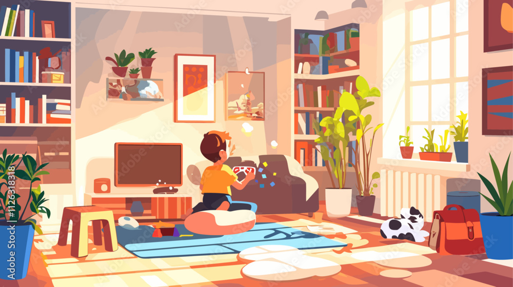 Fototapeta premium Boy is playing a video game in a living room. There are several potted plants in the room, including one near the boy