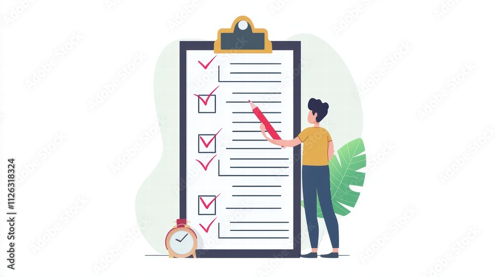 Person Completing a Checklist with Timer and Green Leaf Background Person Completing a Checklist with Timer and Green Leaf Background