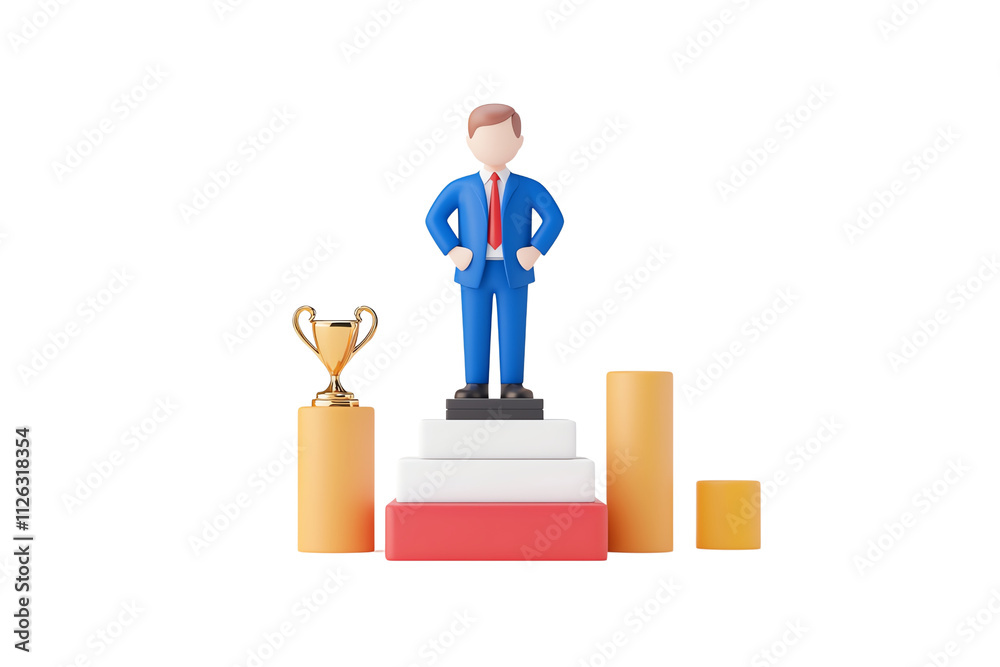 A confident figure stands atop a podium, celebrating success with a trophy beside him. A confident figure stands atop a podium, celebrating success with a trophy beside him.