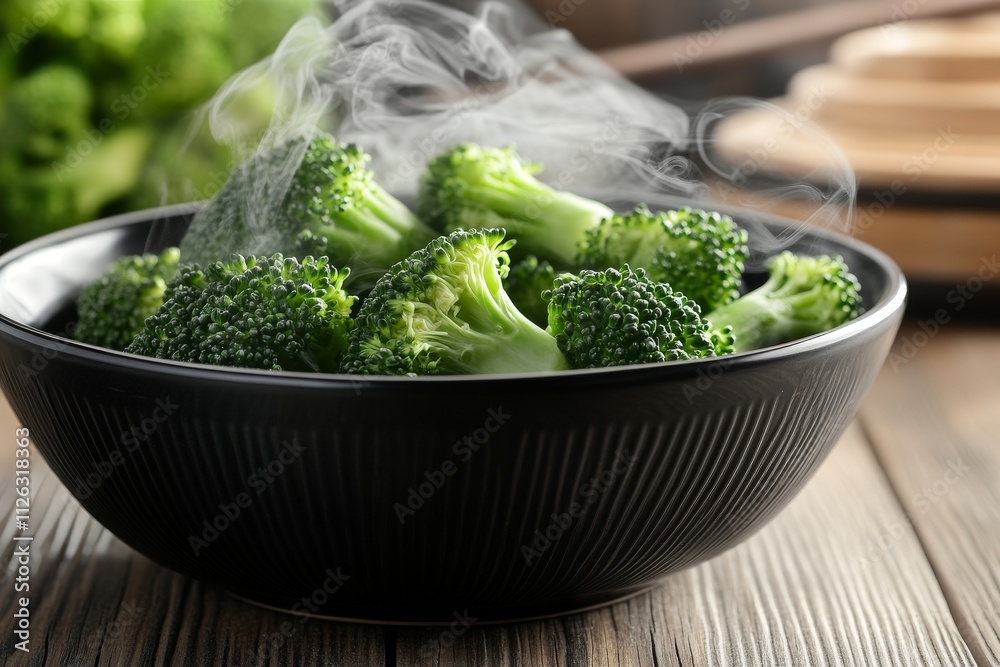 Fresh green broccoli steaming in a black bowl on a rustic wooden table, highlighting its vibrant color and texture. Fresh green broccoli steaming in a black bowl on a rustic wooden table, highlighting its vibrant color and texture.