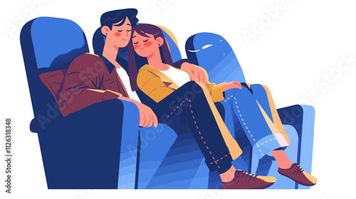 Man and a woman are sitting in a blue chair. The man is sleeping and the woman is resting her head on his shoulder