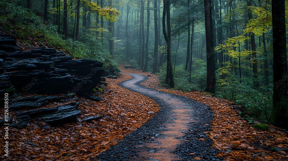 Naklejka premium Curving behind a large rock formation is a forest-lined path