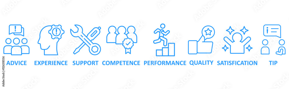 Service icon set illustration concept with icon of advice, experience, support, competence, performance, qaulity, satisfication, tip Service icon set illustration concept with icon of advice, experience, support, competence, performance, qaulity, satisfication, tip