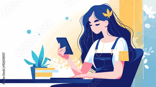 Woman is sitting at a table with a tablet in front of her. She is wearing a white shirt and blue overalls