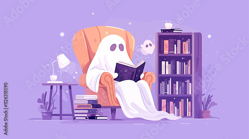 Ghost is sitting in a chair reading a book. There are many books on a shelf behind the ghost