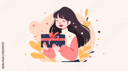 Woman is holding a gift box. The box is red and white. The woman is smiling