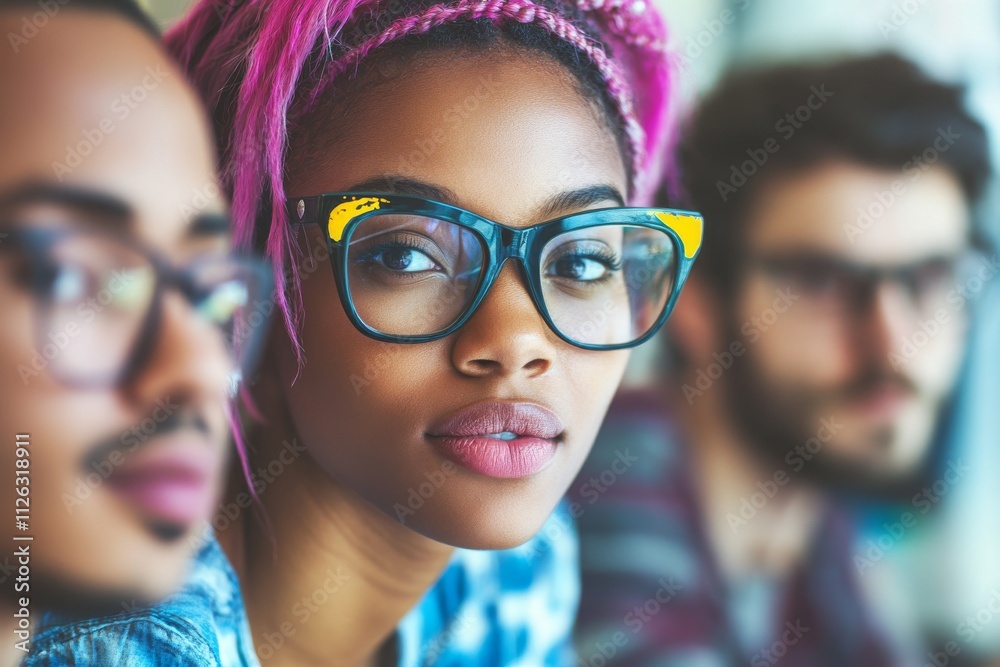 A young Black woman with vibrant pink hair and bold glasses gazes confidently at the camera, surrounded by friends. A young Black woman with vibrant pink hair and bold glasses gazes confidently at the camera, surrounded by friends.