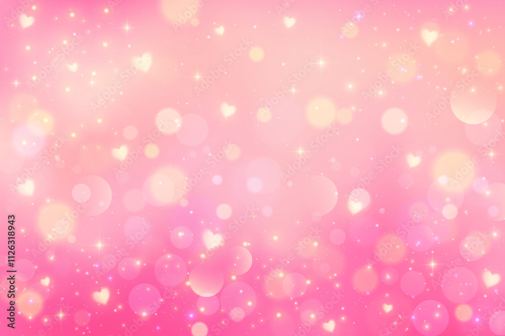 Lovely pink background with hearts and bokeh. Cute romantic sky with light glitter and sparkles. Abstract pastel Valentine blurred wallpaper. Girly fairy fantasy backdrop. Lovely pink background with hearts and bokeh. Cute romantic sky with light glitter and sparkles. Abstract pastel Valentine blurred wallpaper. Girly fairy fantasy backdrop.