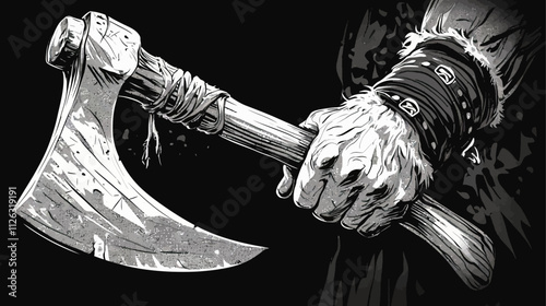 Man is holding a large wooden axe. The axe is long and curved. The man is wearing a black shirt and black pants