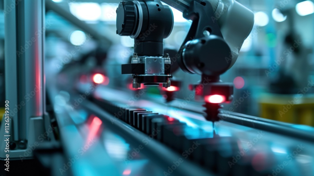 Closeup of a production line with embedded sensors and smart cameras powered by AI and ML technology for realtime quality control and defect detection. Closeup of a production line with embedded sensors and smart cameras powered by AI and ML technology for realtime quality control and defect detection.