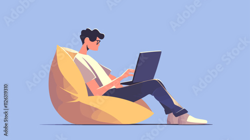 Man is sitting on a yellow bean bag chair and using a laptop. He is wearing glasses