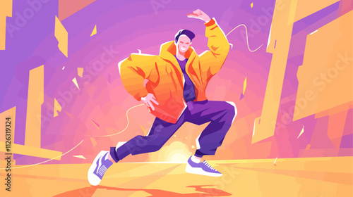 Man in a yellow jacket is running. He is wearing blue pants and white shoes. The background is orange and purple