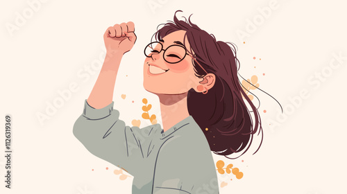 Woman with glasses is smiling and holding her hands up in the air. She is wearing a green shirt