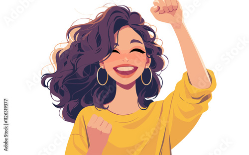 Woman with long hair is smiling and holding her hands up in the air. She is wearing a yellow shirt
