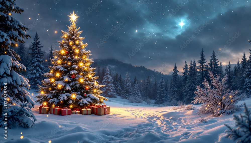 Snowy winter landscape with a Christmas tree, presents, and a glowing star.
Snowy winter landscape with a Christmas tree, presents, and a glowing star.