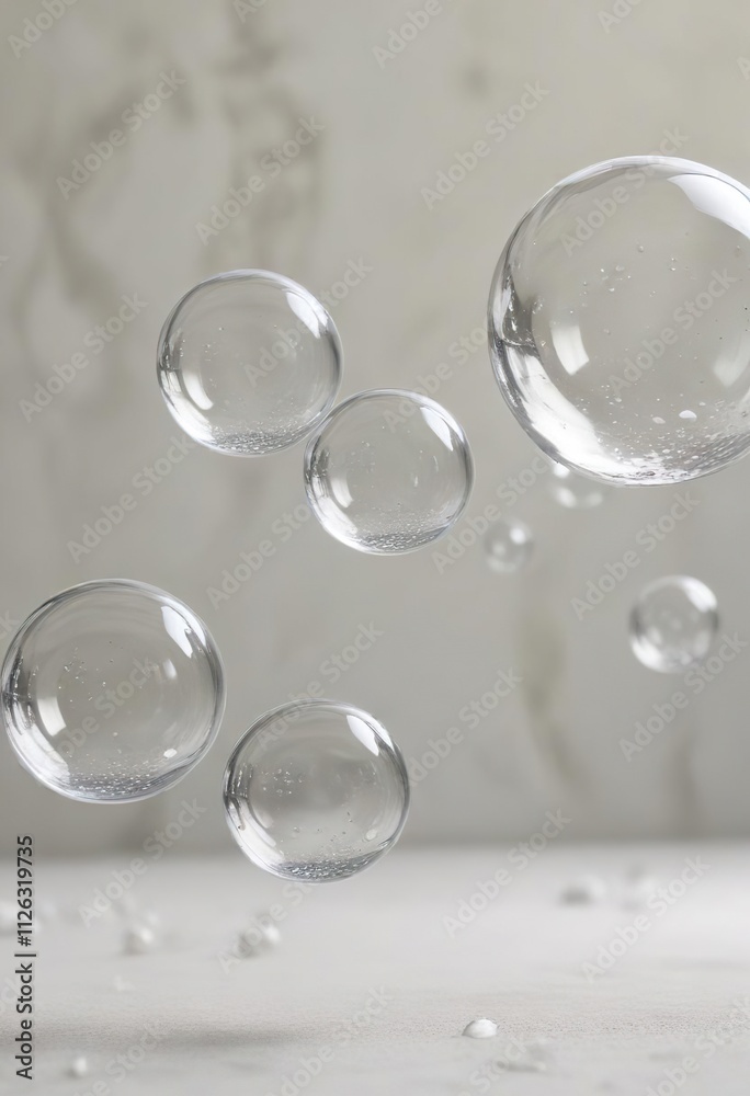 Group of small soap bubbles in various sizes on a pale background, translucent, reflective Group of small soap bubbles in various sizes on a pale background, translucent, reflective