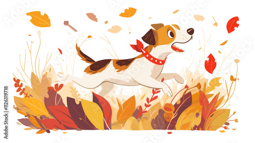 Dog is running through a field of leaves. The dog is brown and white. The leaves are orange and yellow