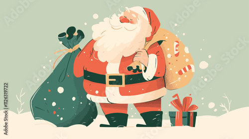 Cartoon of Santa Claus holding a green bag and a red bag. He is wearing a red suit and a red hat