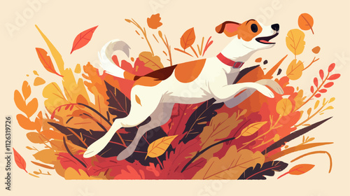 Dog is running through a field of leaves. The dog is brown and white. The leaves are orange and yellow