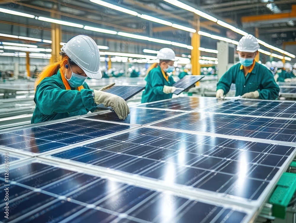 Workers Assembling Solar Panels in Bright Manufacturing Facility Workers Assembling Solar Panels in Bright Manufacturing Facility