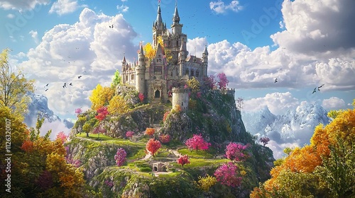 A Whimsical Painting of a Fairy-Tale Castle Perched on a Hill